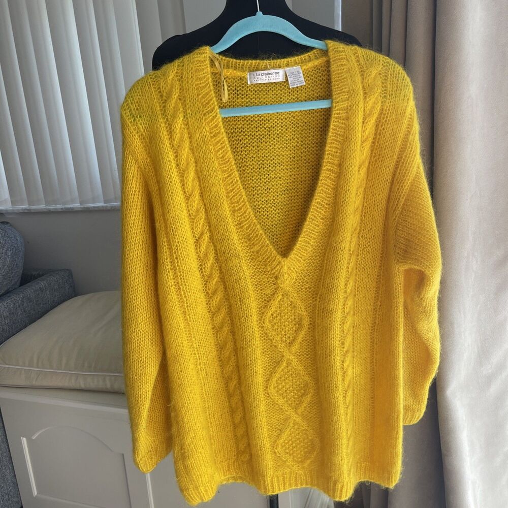 Vintage Liz Claiborne Sweater Wool Mohair Blend Yellow MARIGOLD Pullover S - Picture 2 of 9